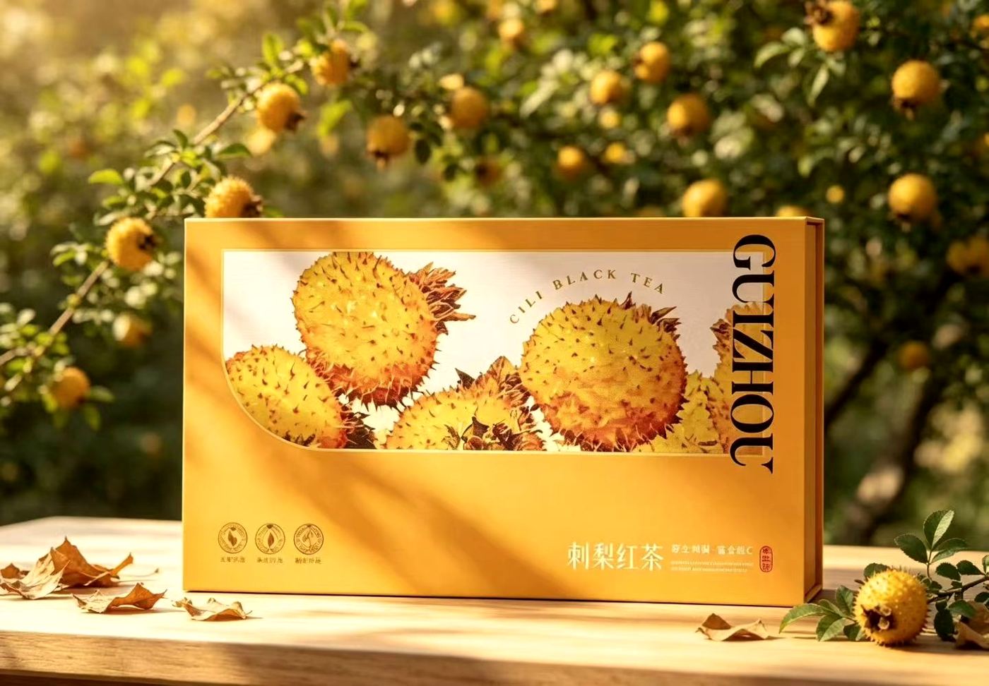 Gift box of Guizhou Rosa roxburghii black tea on a table in a sunlit orchard