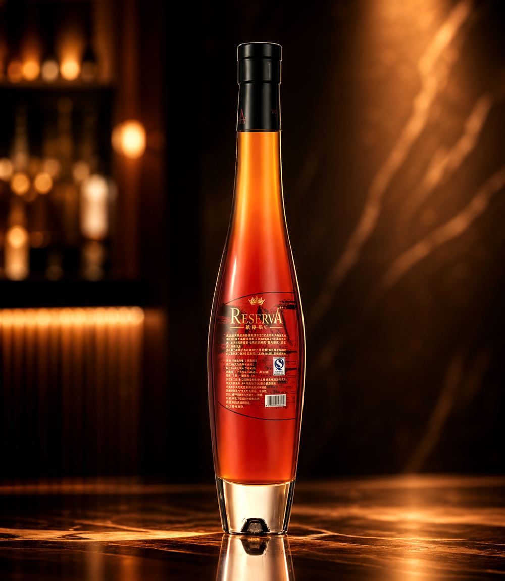 An amber bottle of Rosa roxburghii wine lit against a warm, dark bar